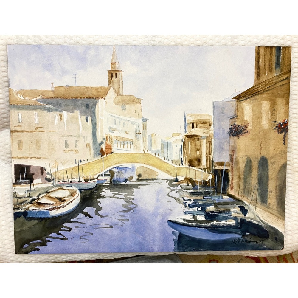 Original Venice Canal Watercolor Painting Signed Dated 04 Ampersand Claybord